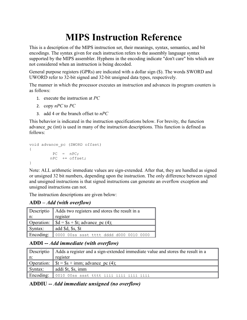 MIPS Instruction Reference