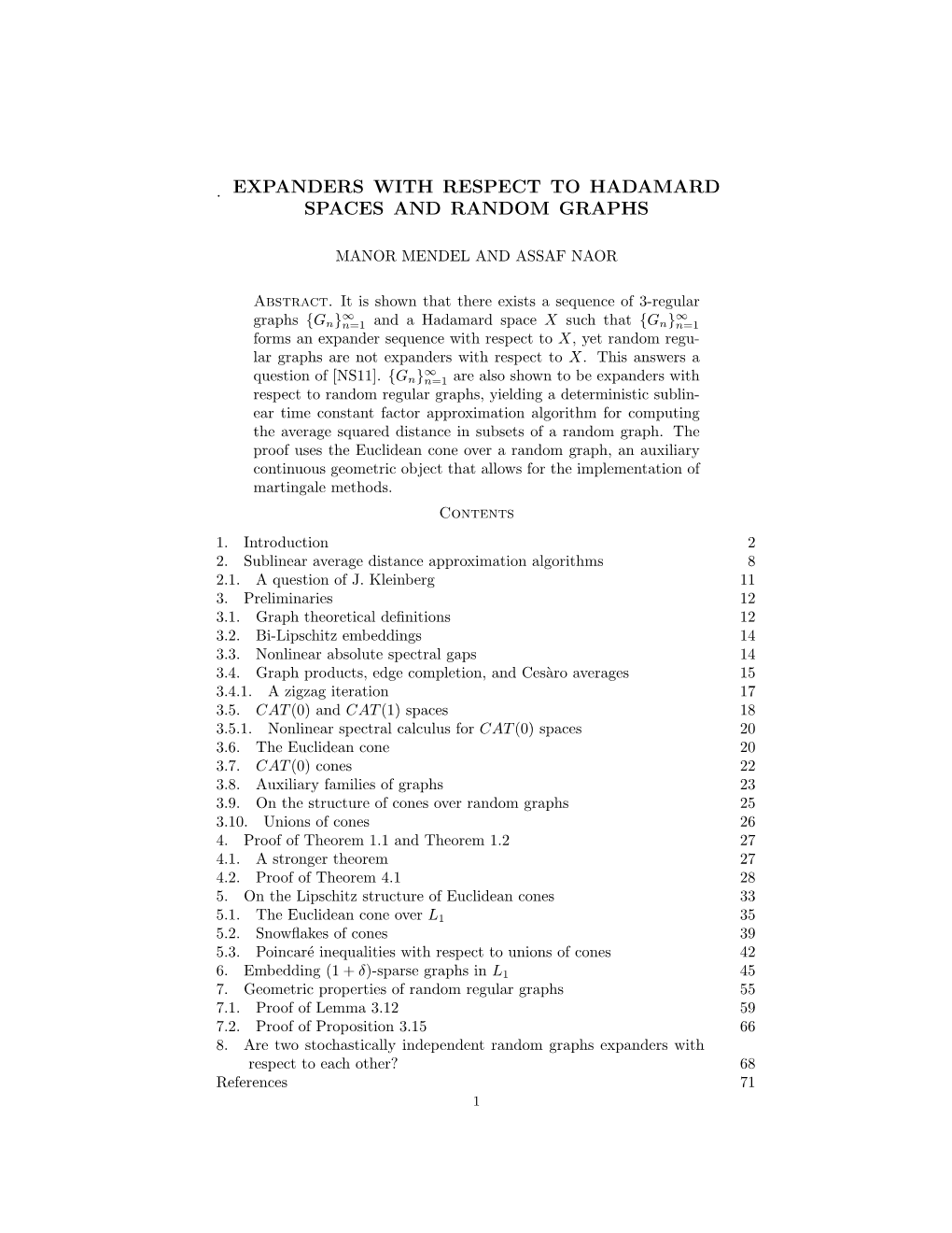 Expanders with Respect to Hadamard Spaces and Random Graphs