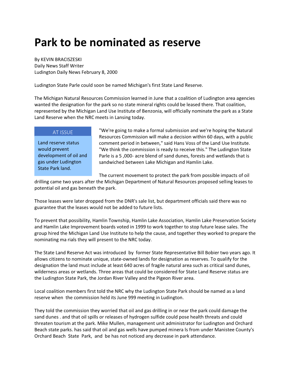 Park to Be Nominated As Reserve