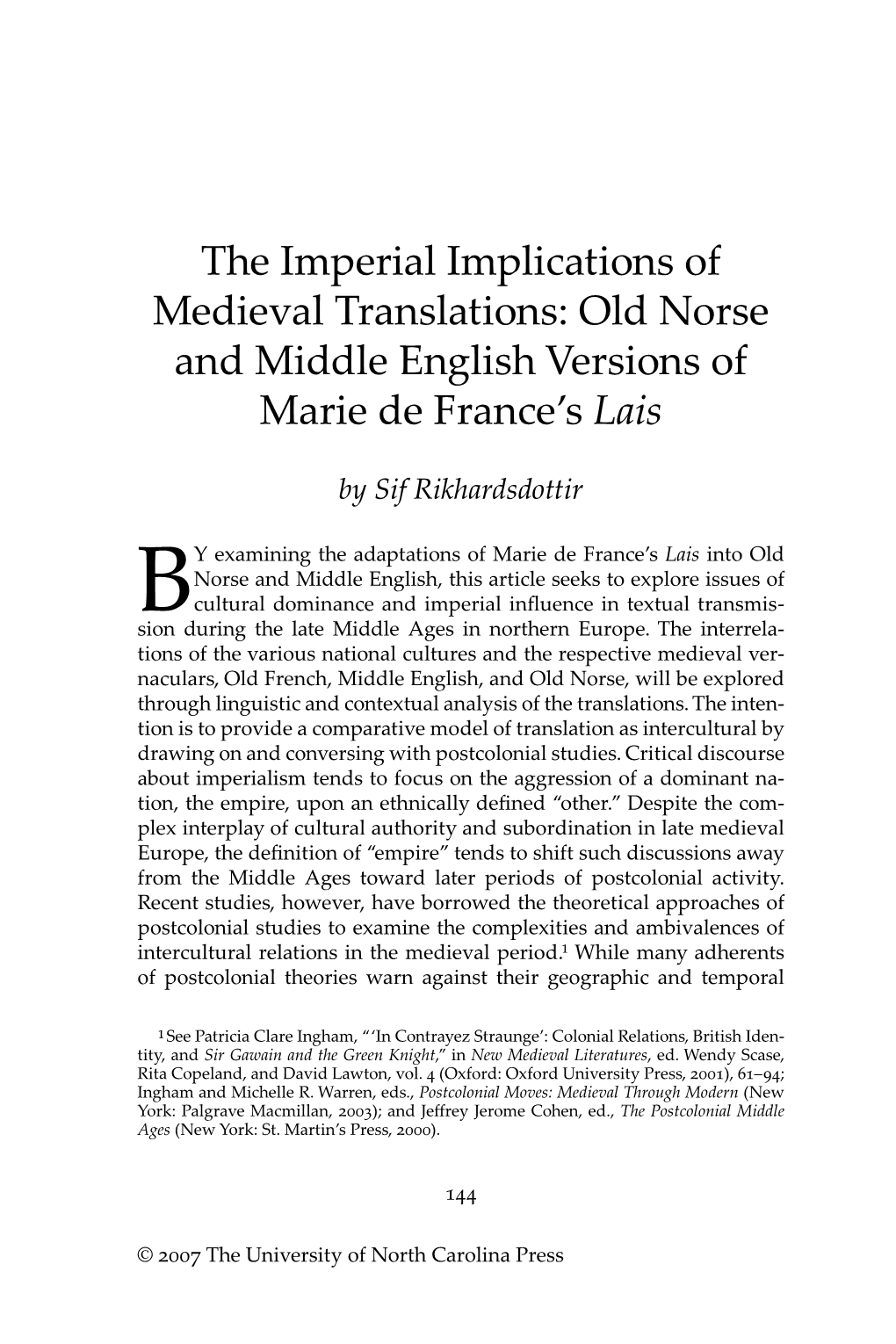 BY Examining the Adaptations of Marie De France's Lais Into