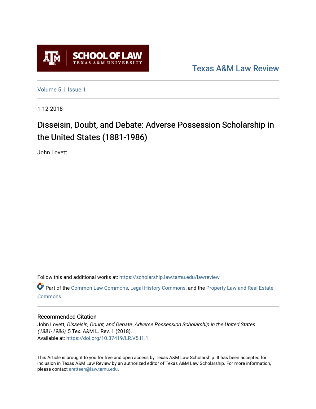 Disseisin, Doubt, and Debate: Adverse Possession Scholarship in the United States (1881-1986)