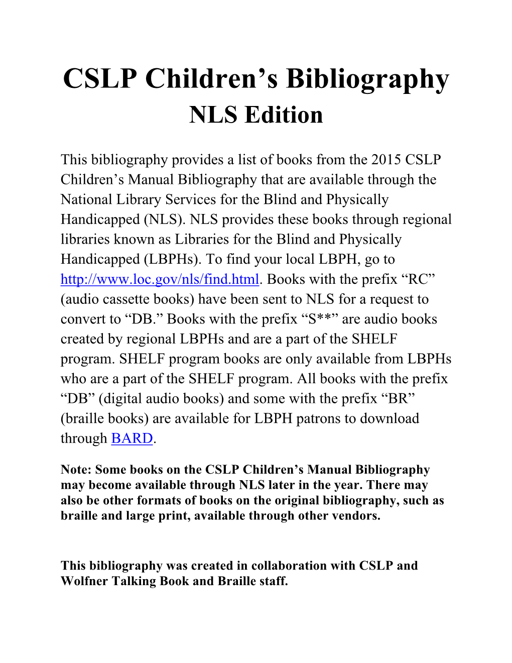 CSLP Children's Bibliography