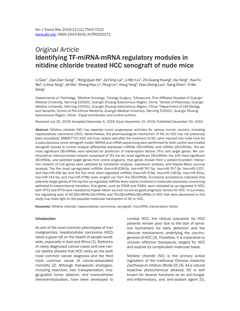 Original Article Identifying TF-Mirna-Mrna Regulatory Modules in Nitidine Chloride Treated HCC Xenograft of Nude Mice