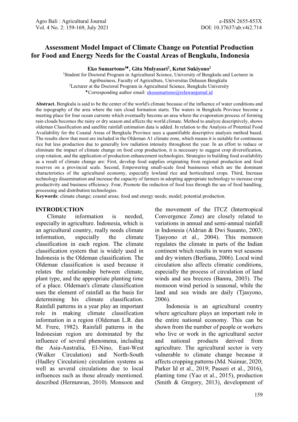 Assessment Model Impact of Climate Change on Potential Production for Food and Energy Needs for the Coastal Areas of Bengkulu, Indonesia