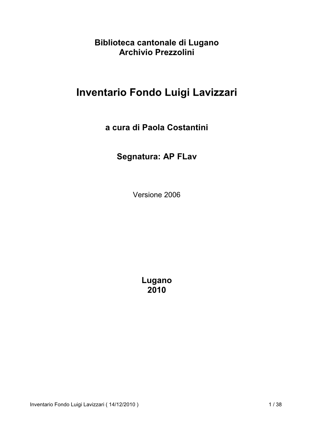 Inventario Fondo Luigi Lavizzari