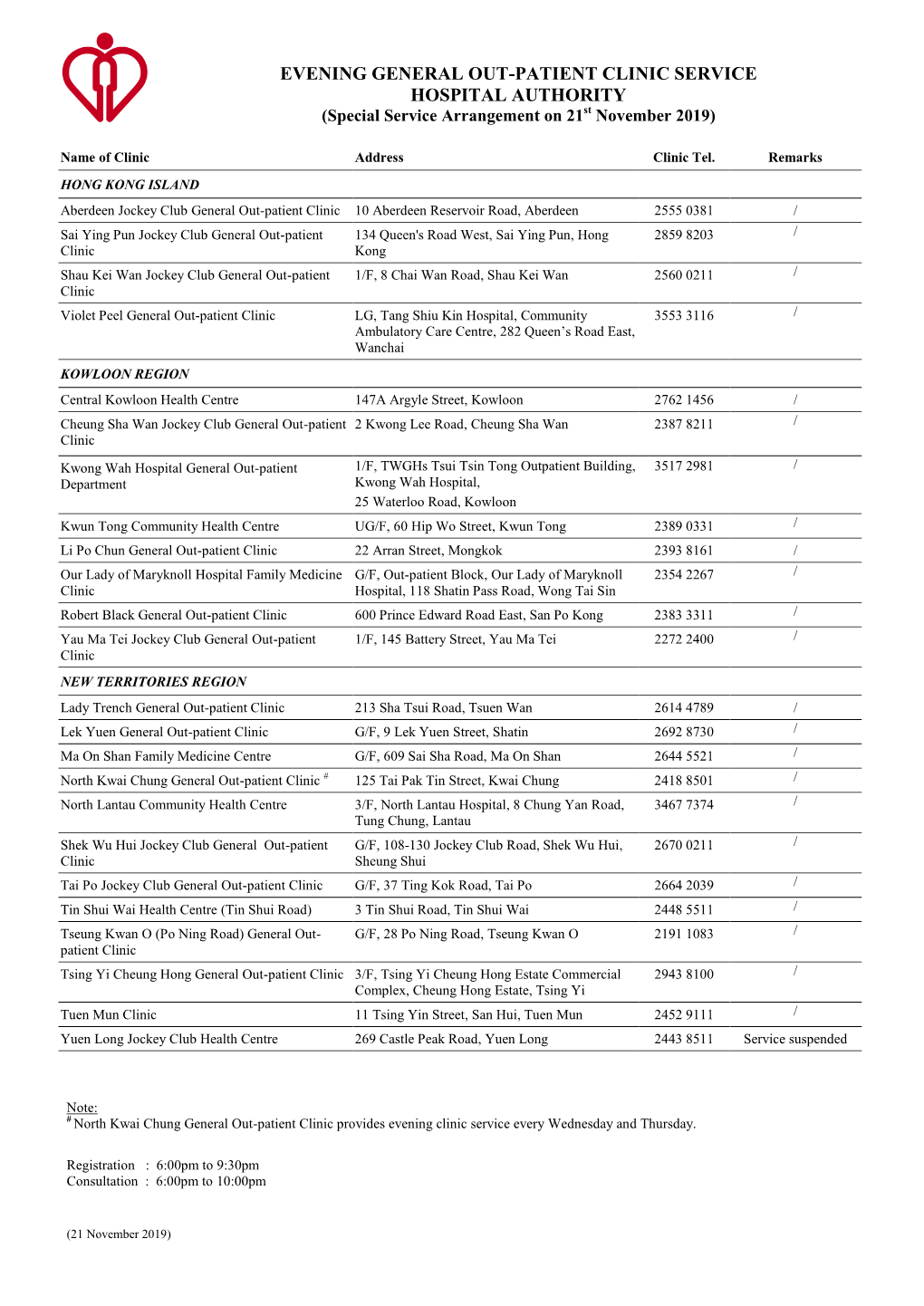 EVENING GENERAL OUT-PATIENT CLINIC SERVICE HOSPITAL AUTHORITY (Special Service Arrangement on 21St November 2019)