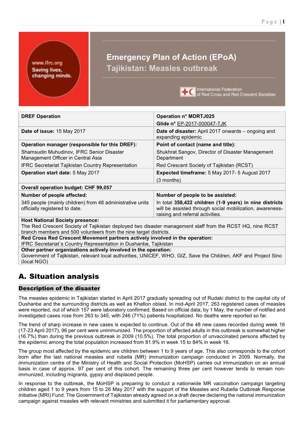 Emergency Plan of Action (Epoa) Tajikistan: Measles Outbreak