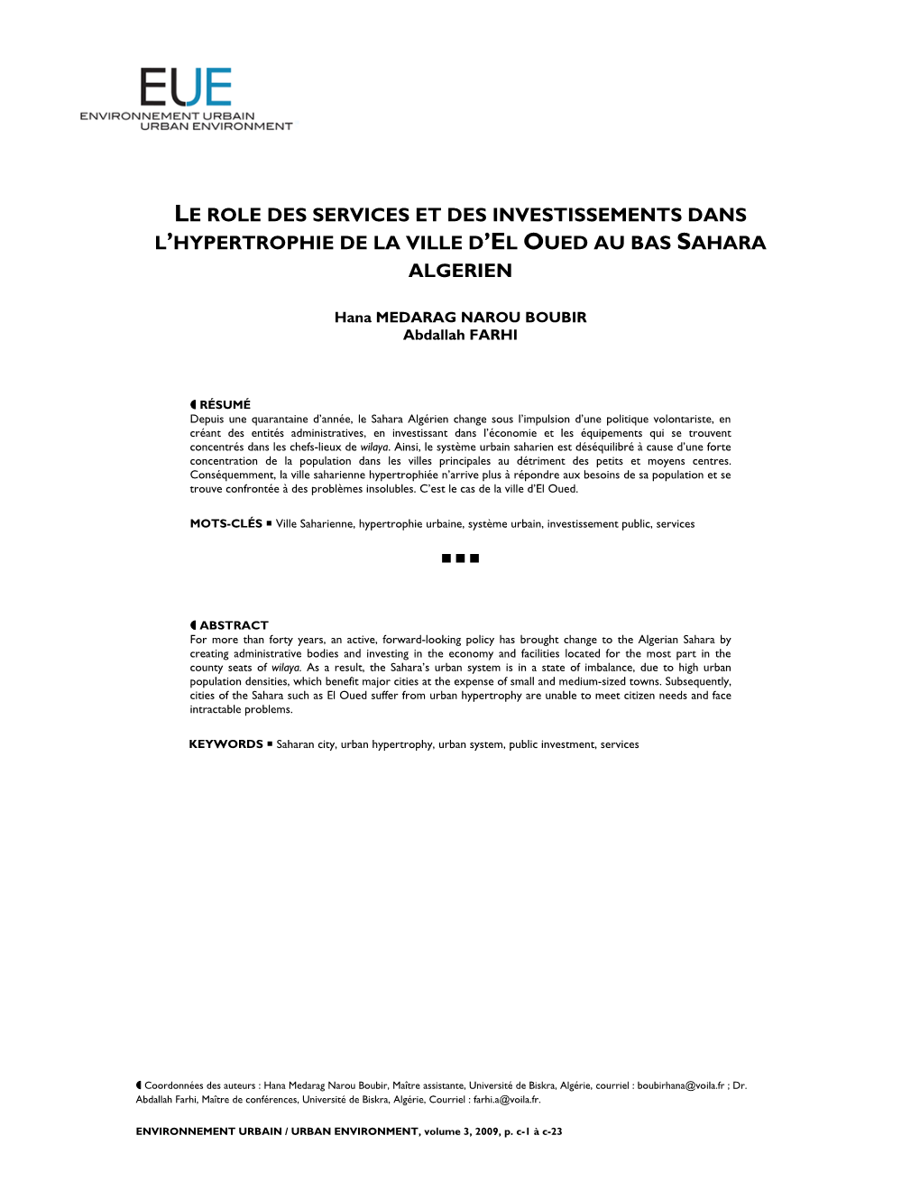 Le Role Des Services Et Des Investissements Dans L’Hypertrophie De La Ville D’El Oued Au Bas Sahara Algerien