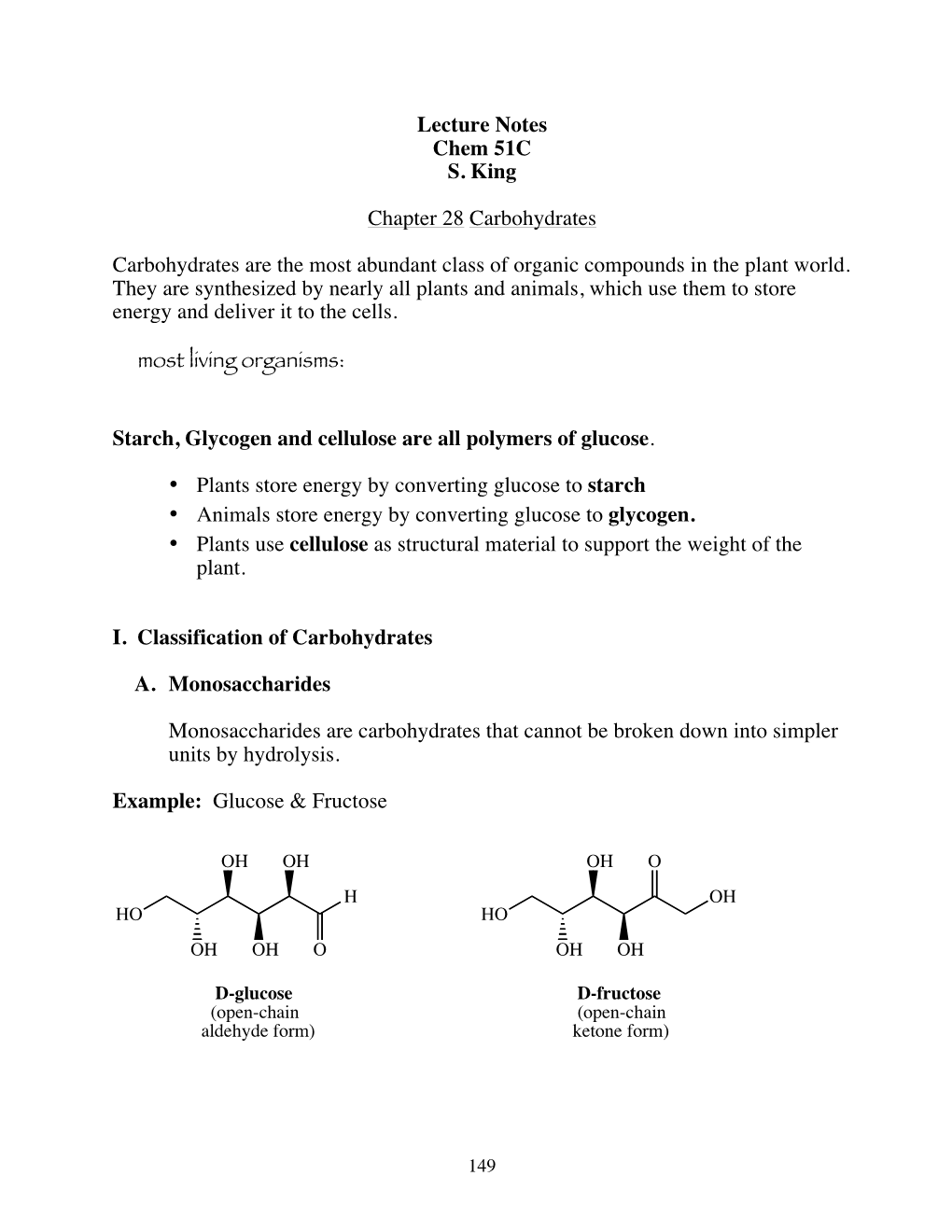 Lecture Notes Chem 51C S. King Chapter 28 Carbohydrates