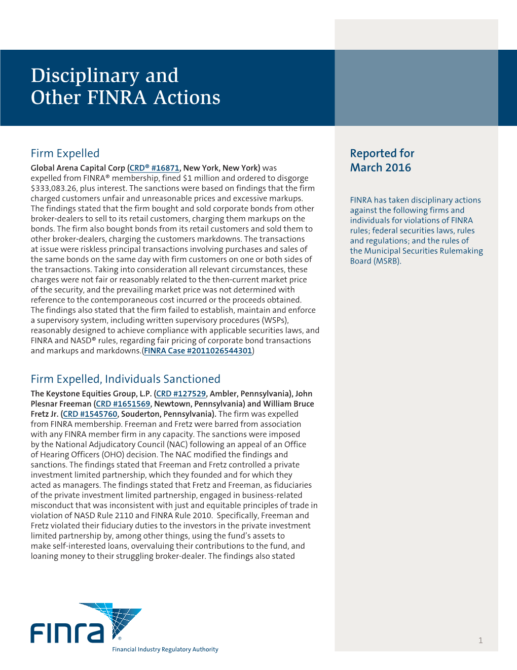 March 2016 Issue of FINRA Disciplinary and Other Actions