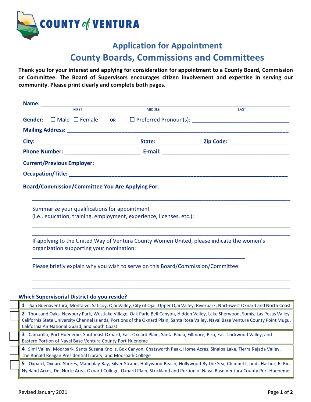 Application for Appointment County Boards, Commissions and Committees