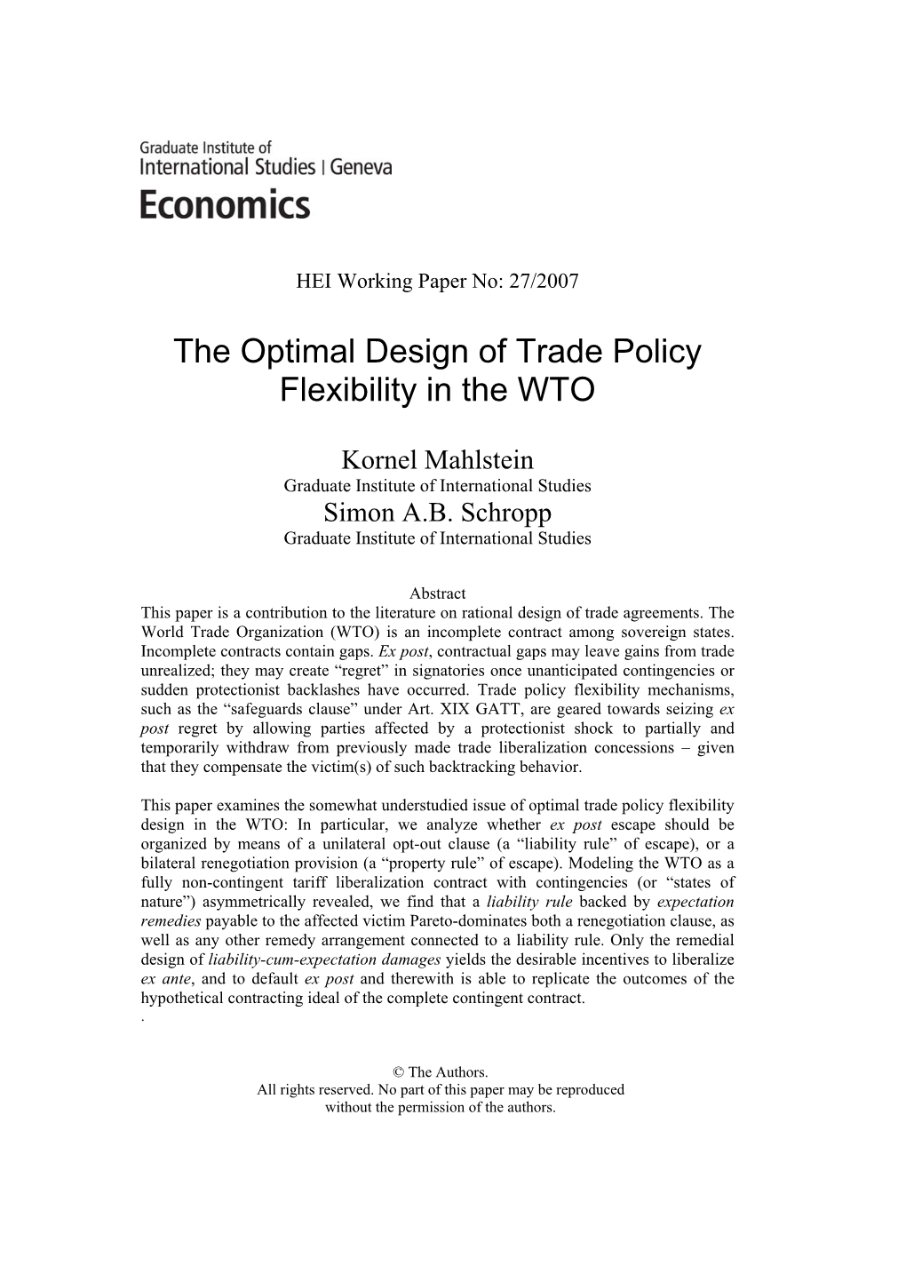 The Optimal Design of Trade Policy Flexibility in the WTO