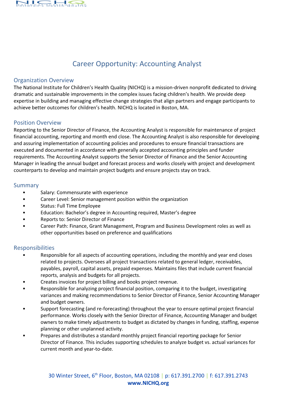 Career Opportunity: Accounting Analyst