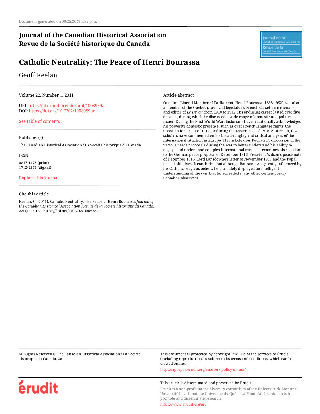 Catholic Neutrality: the Peace of Henri Bourassa Geoff Keelan