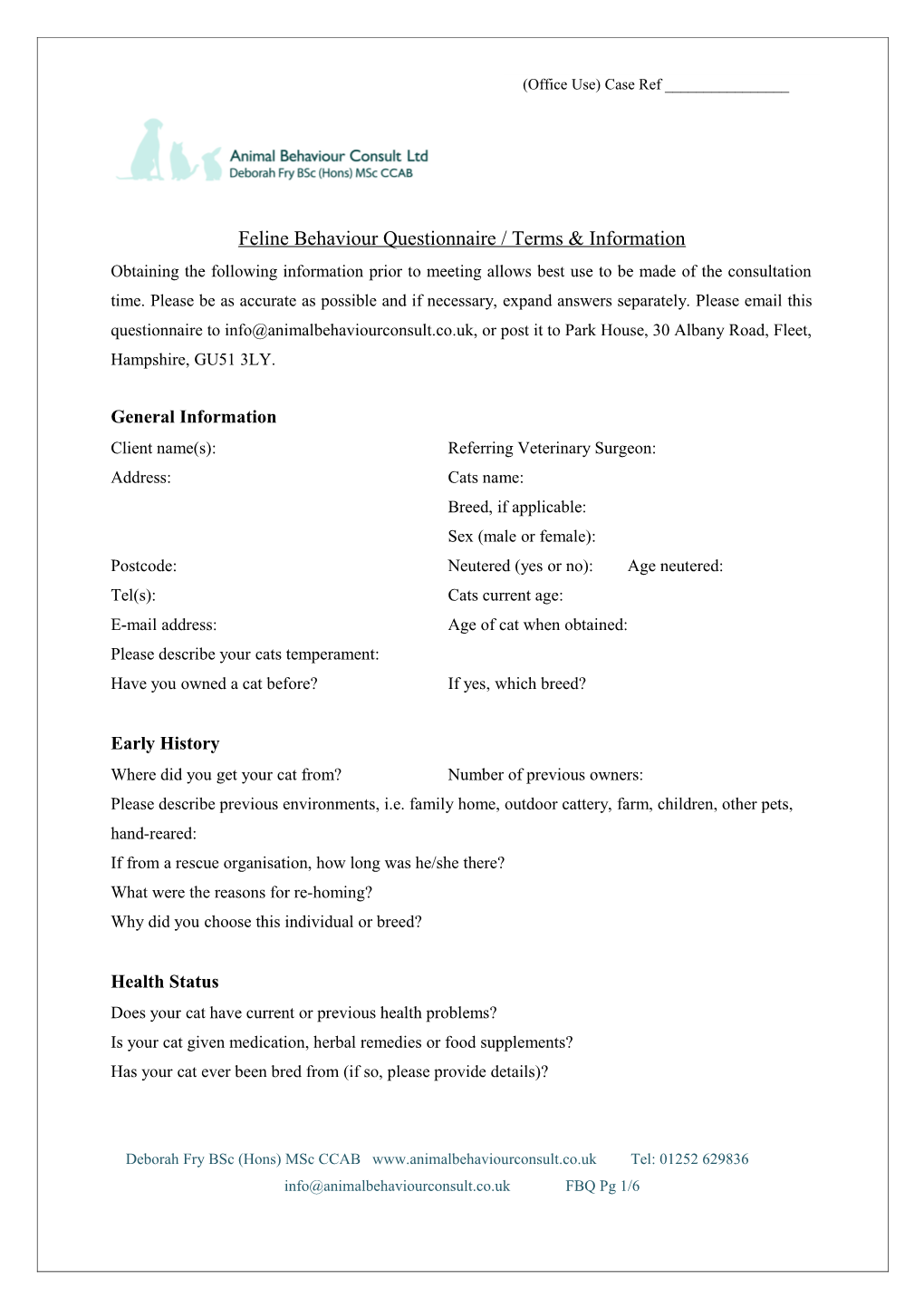 Feline Behaviour Questionnaire / Terms & Information