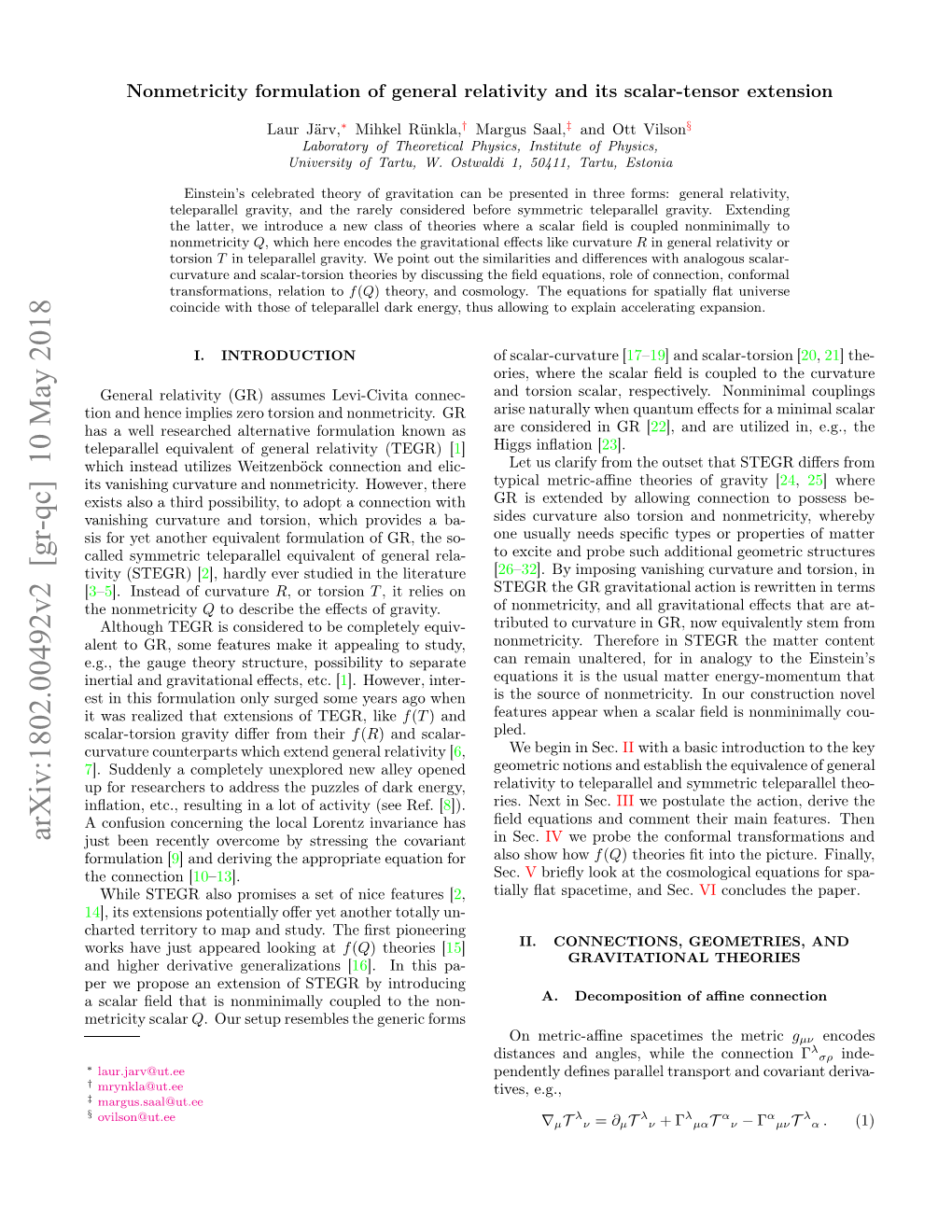 1802.00492 Nonmetricity Formulation of General Relativity and Its Scalar-Tensor Extension