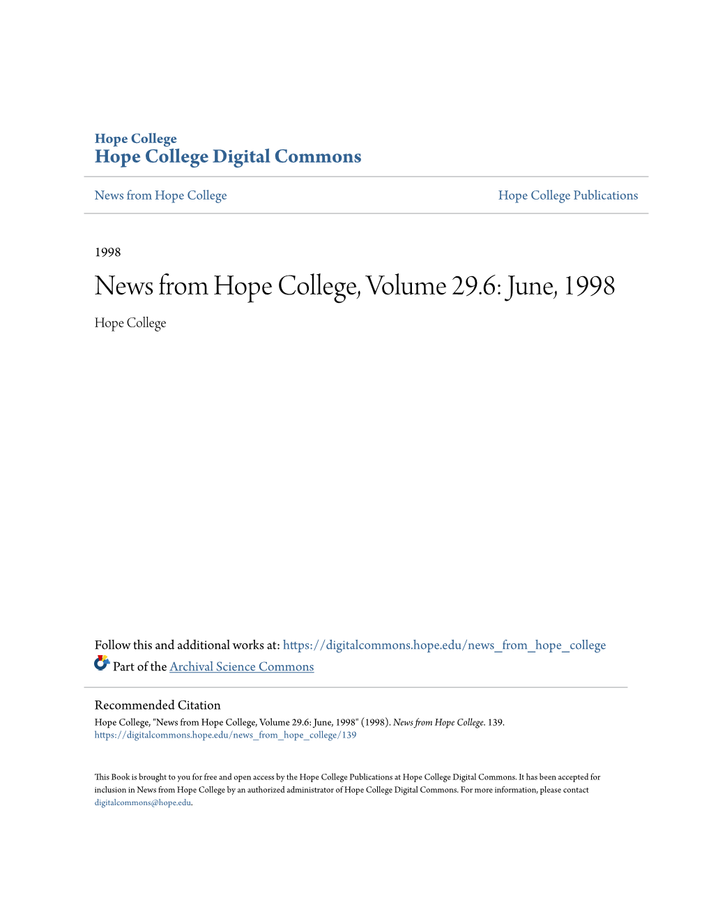 News from Hope College, Volume 29.6: June, 1998 Hope College