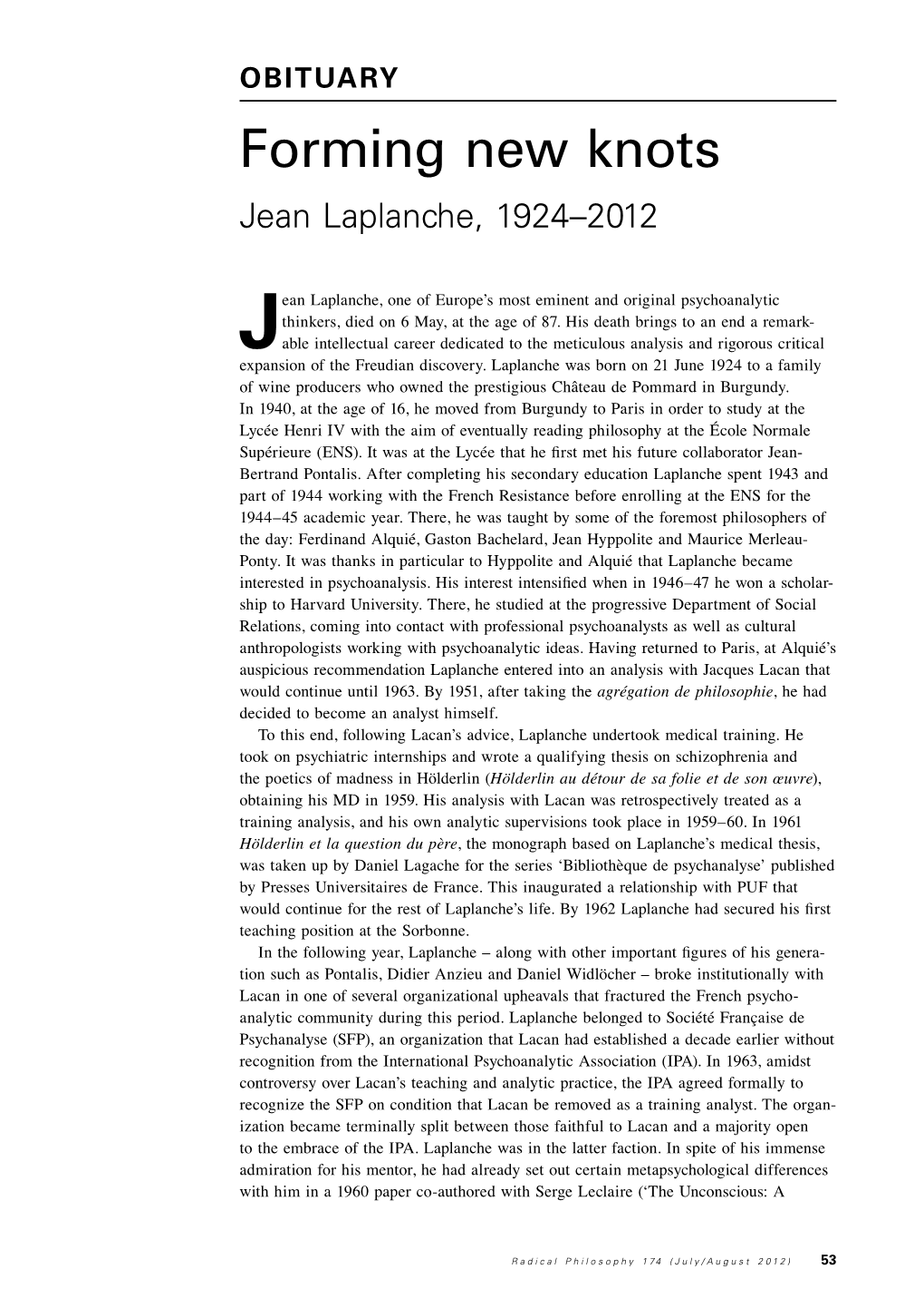 Forming New Knots: Jean Laplanche 1924-2012