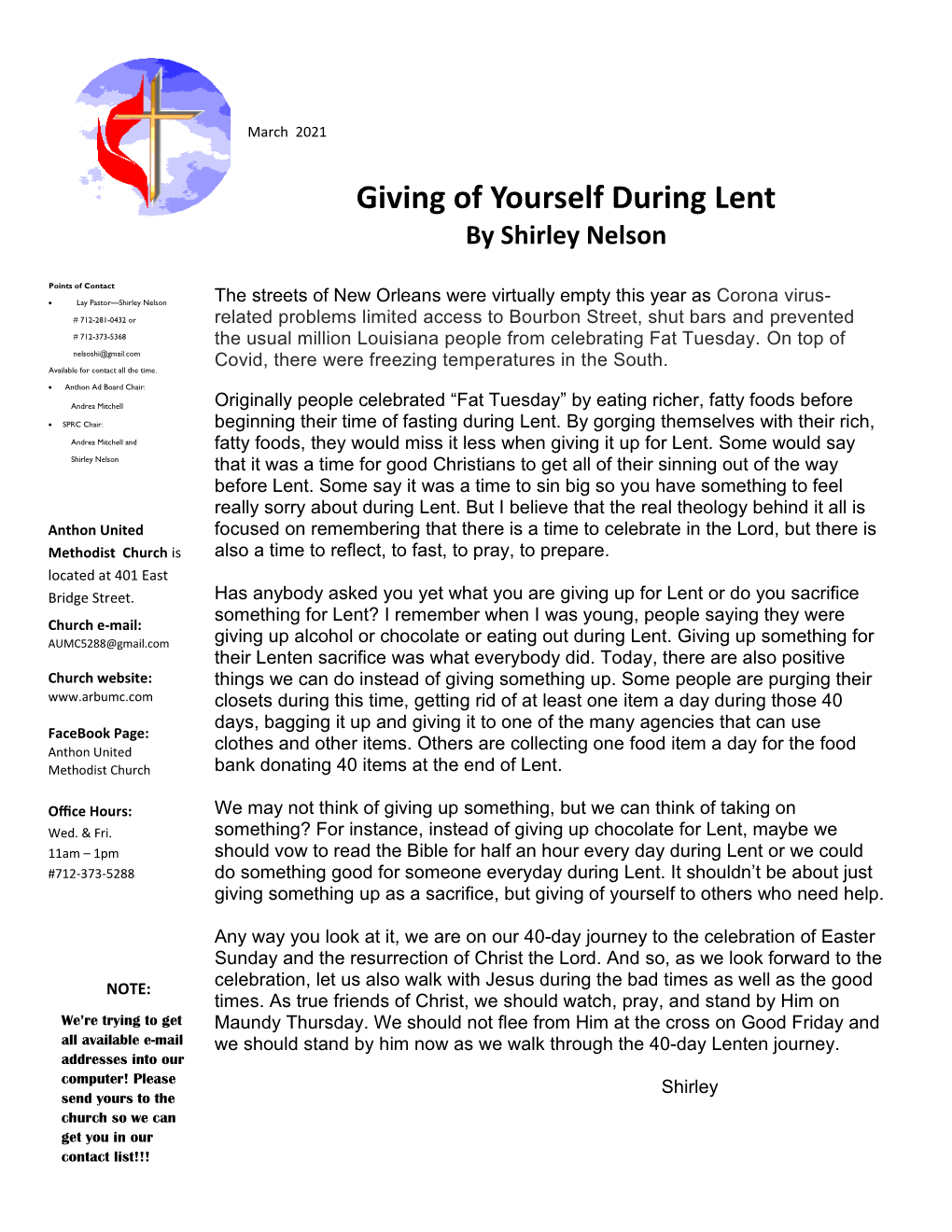 Giving of Yourself During Lent by Shirley Nelson