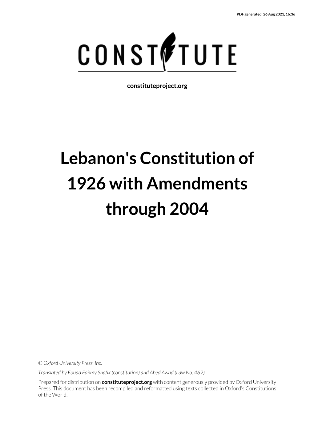 Lebanon's Constitution of 1926 with Amendments Through 2004