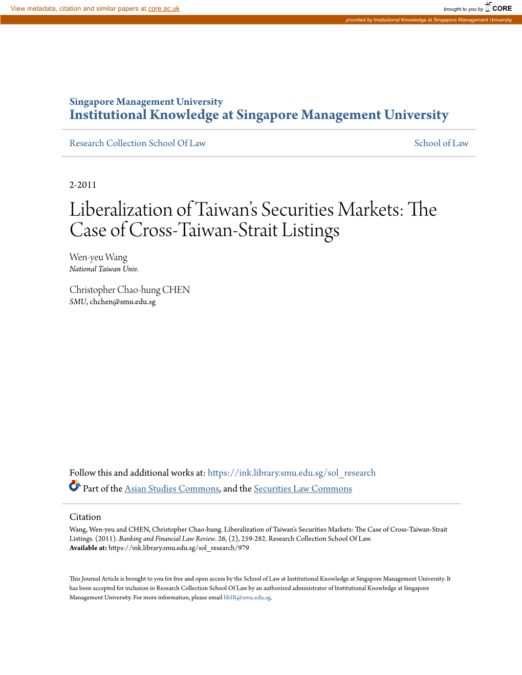 Liberalization of Taiwan's Securities Markets