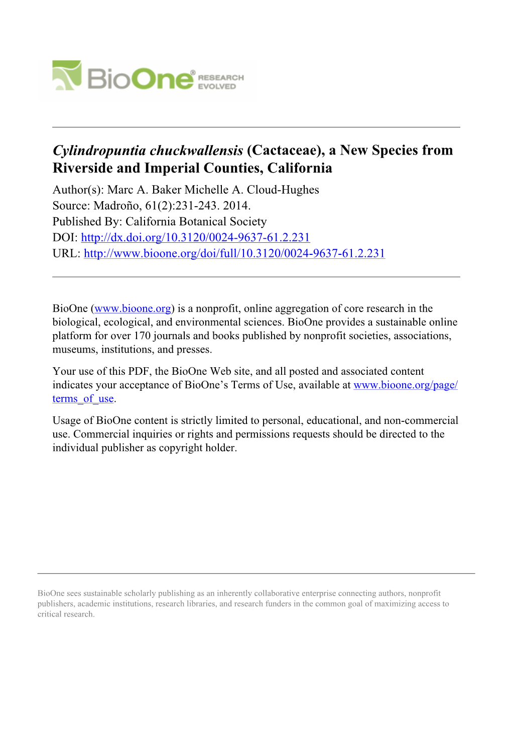 Cylindropuntia Chuckwallensis (Cactaceae), a New Species from Riverside and Imperial Counties, California Author(S): Marc A