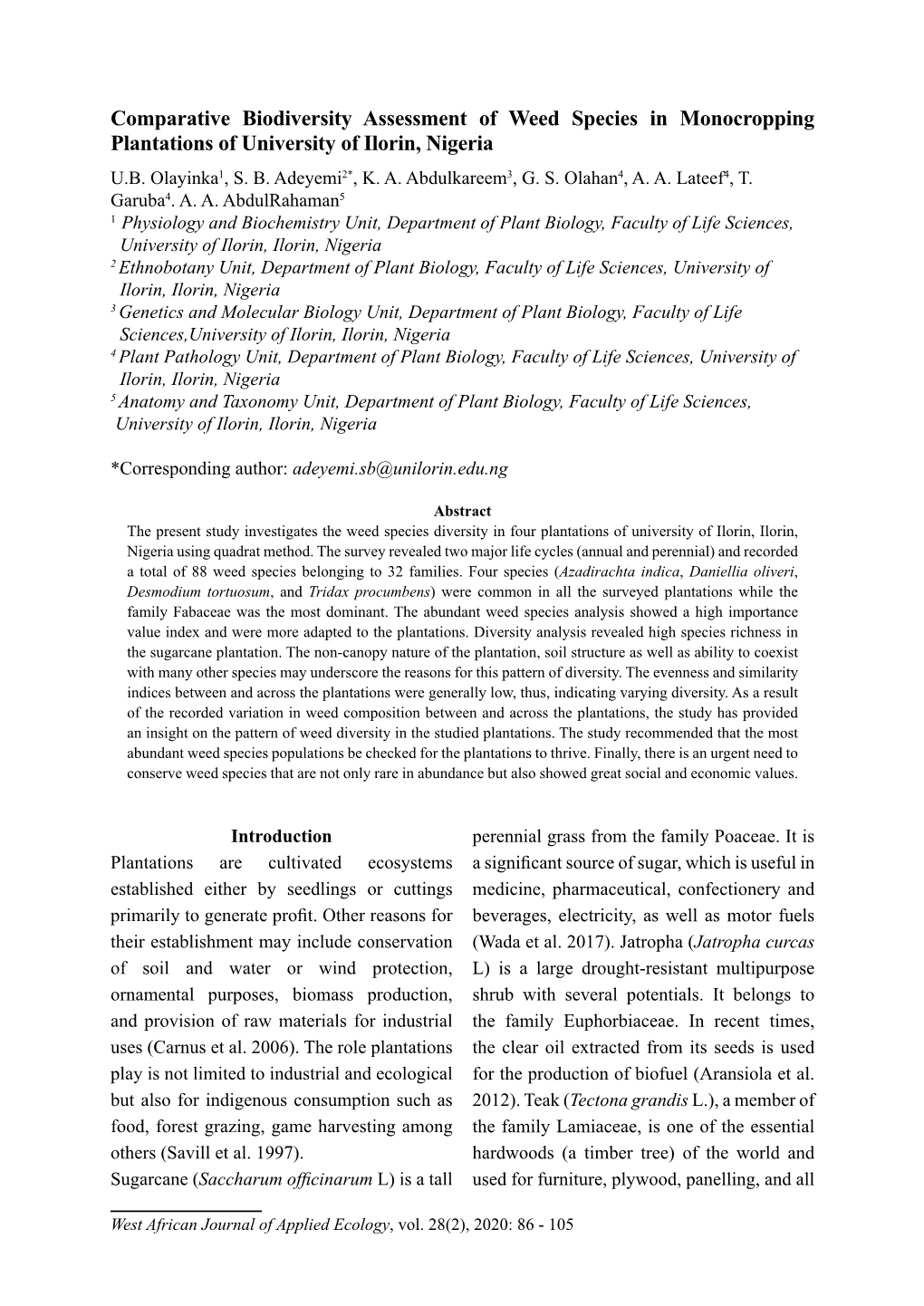 Comparative Biodiversity Assessment of Weed Species in Monocropping Plantations of University of Ilorin, Nigeria U.B