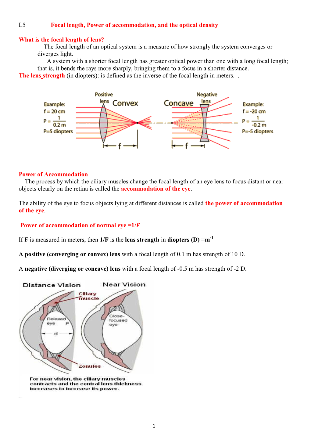 L5 Focal Length, Power of Accommodation, and the Optical Density