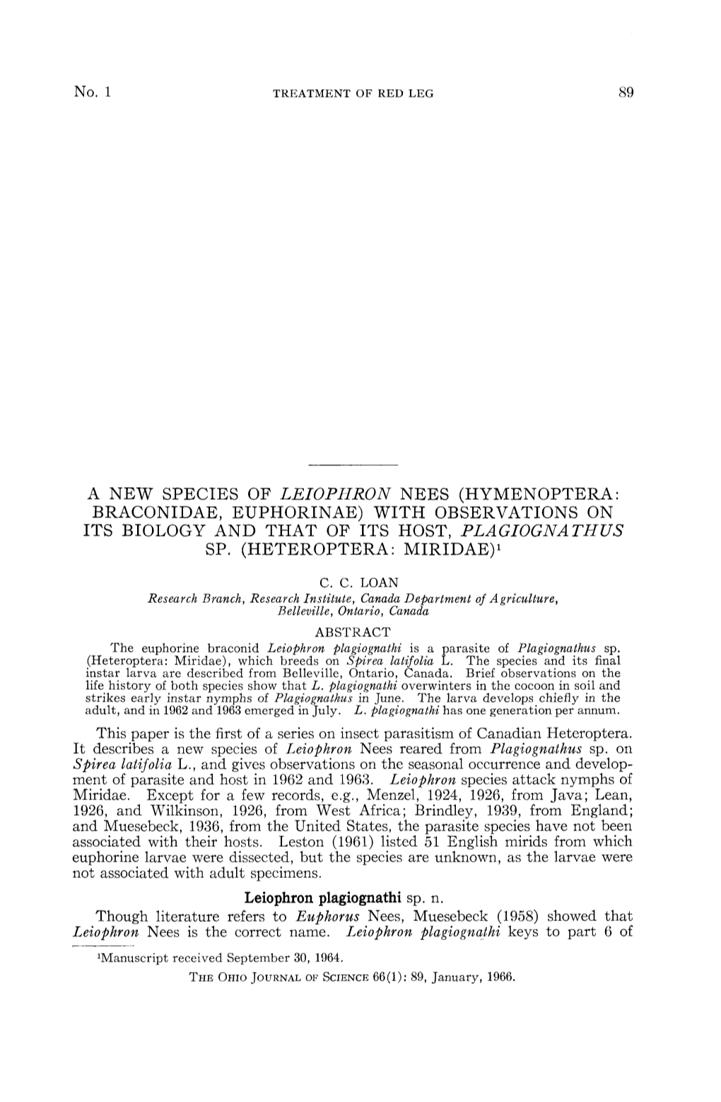 Hymenoptera: Braconidae, Euphorinae) with Observations on Its Biology and That of Its Host, Plagiognathus Sp