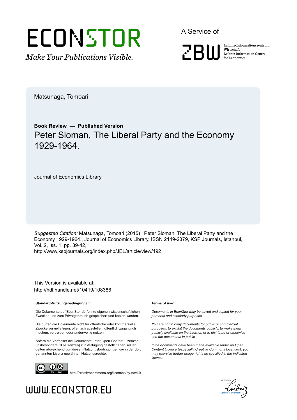 Peter Sloman, the Liberal Party and the Economy 1929-1964