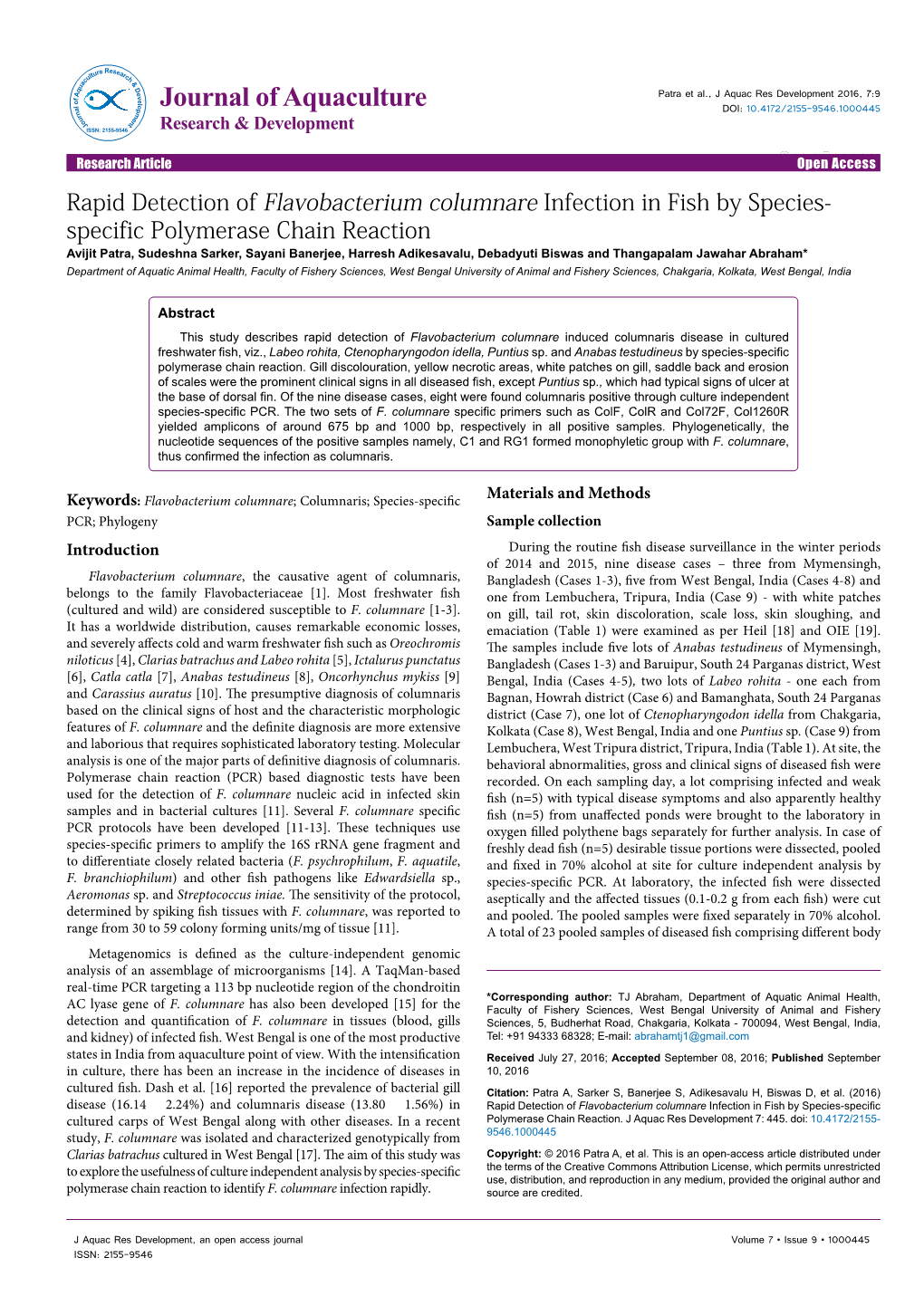 Rapid Detection of Flavobacterium Columnare Infection in Fish By