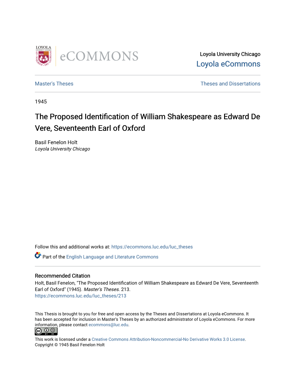 The Proposed Identification of William Shakespeare As Edward De Vere, Seventeenth Earl of Oxford