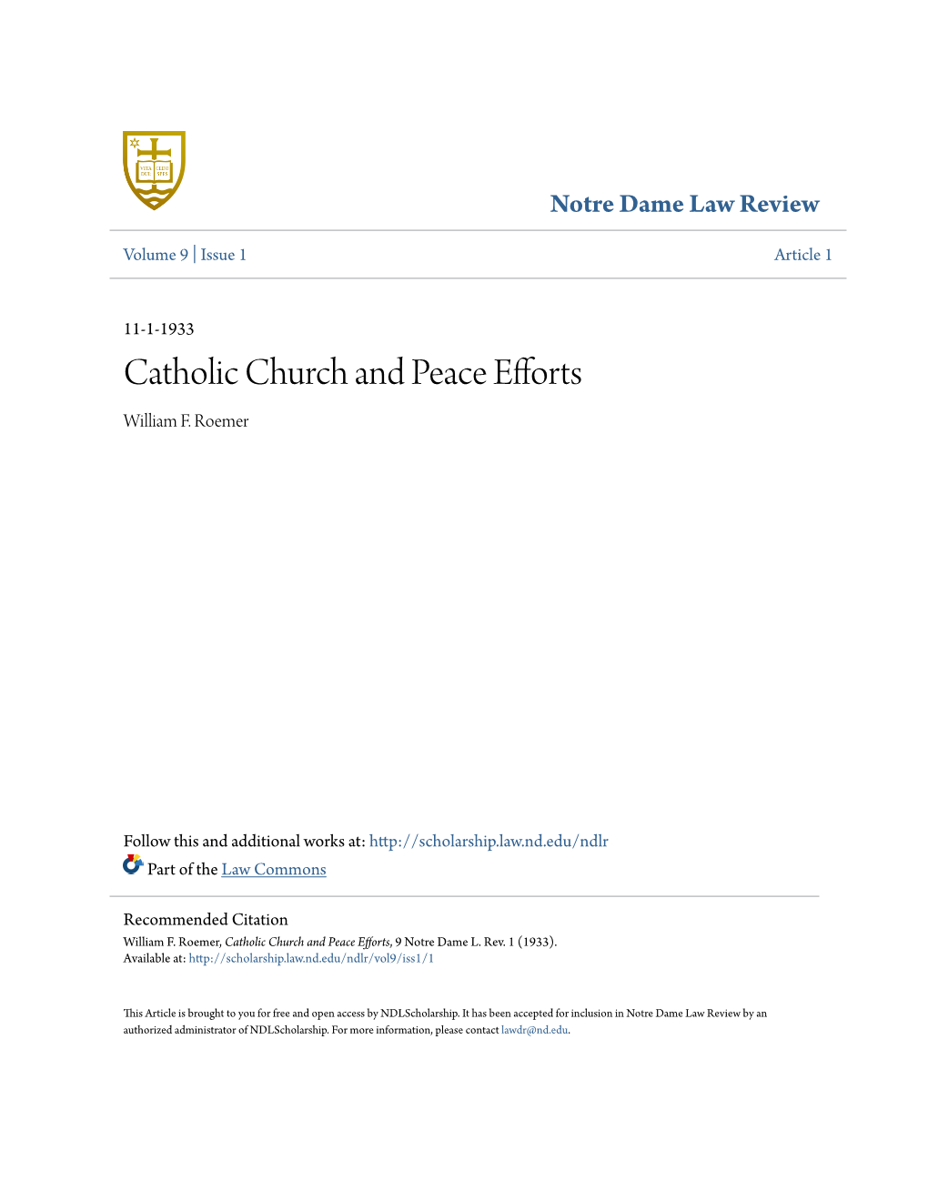 Catholic Church and Peace Efforts William F