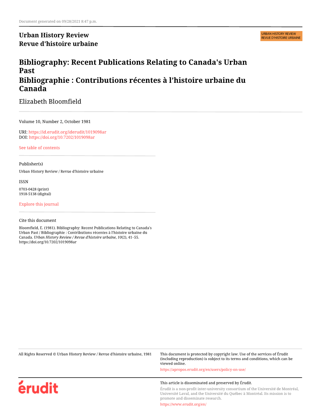Recent Publications Relating to Canada's Urban Past / Bibliographie : Contributions Récentes À L’Histoire Urbaine Du Canada