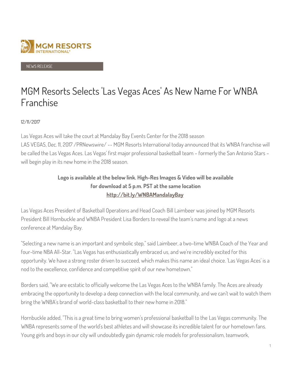 Las Vegas Aces' As New Name for WNBA Franchise