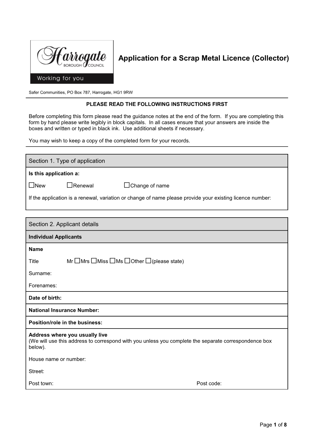 SMD2 Scrap Metal Collectors Licence Form