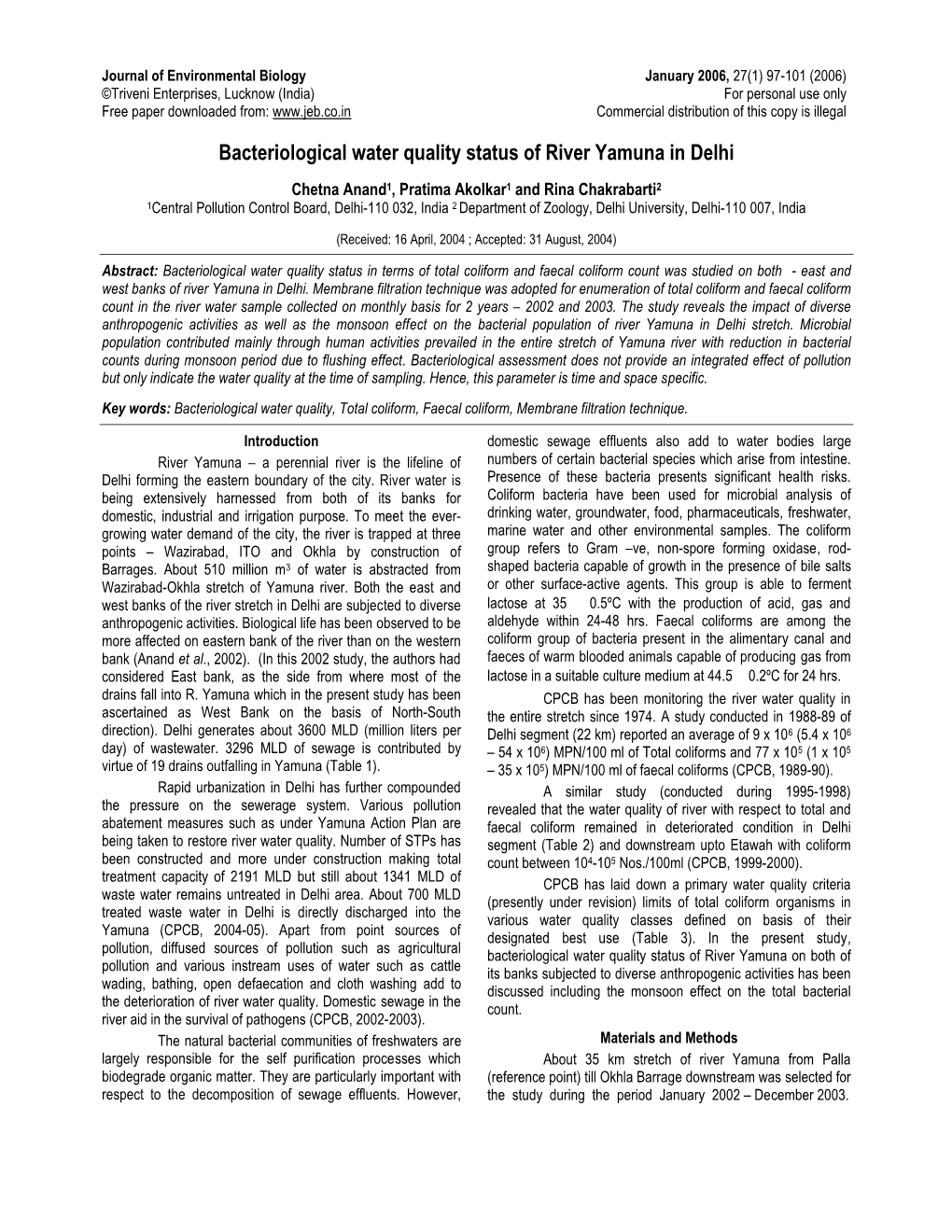 Bacteriological Water Quality Status of River Yamuna in Delhi