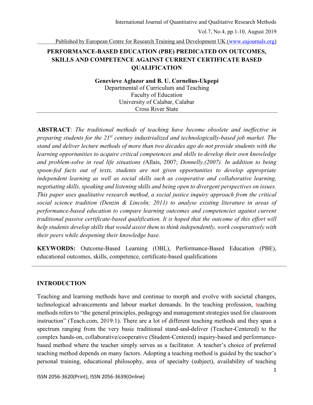 Performance-Based Education (Pbe) Predicated on Outcomes, Skills and Competence Against Current Certificate Based Qualification