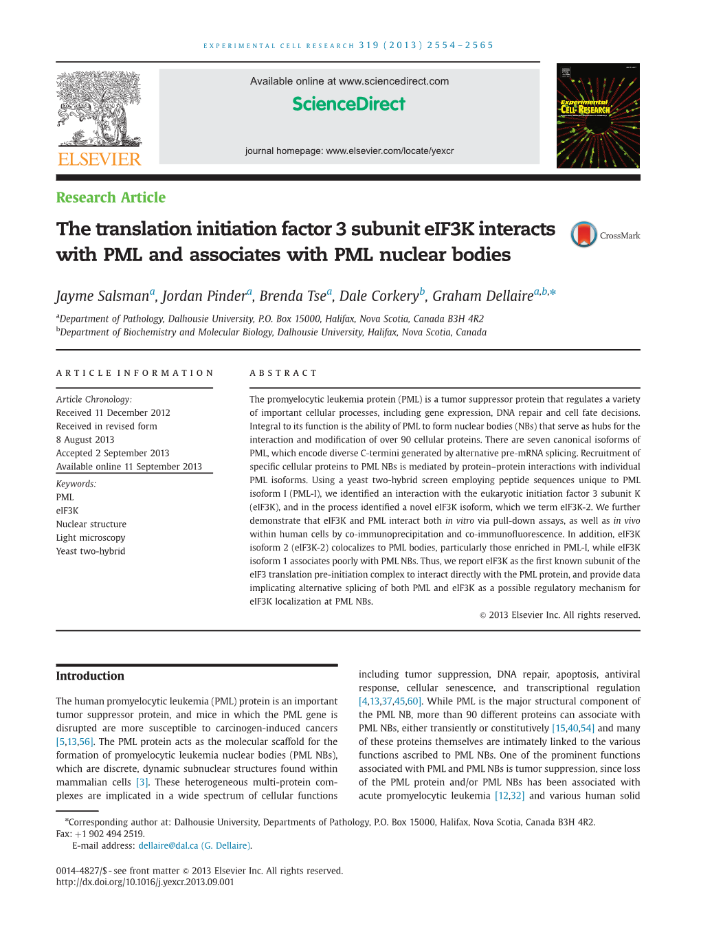 The Translation Initiation Factor 3 Subunit Eif3k Interacts with PML and Associates with PML Nuclear Bodies