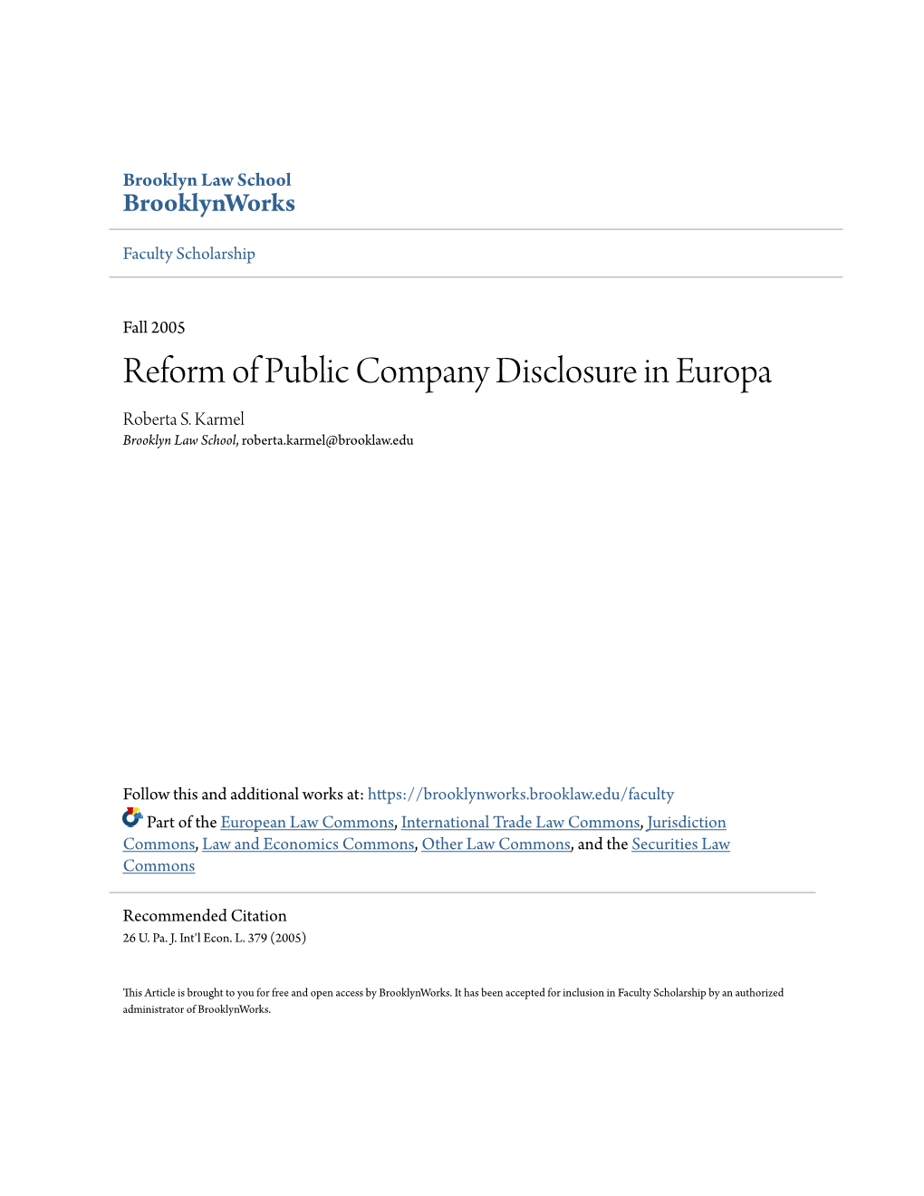 Reform of Public Company Disclosure in Europa Roberta S
