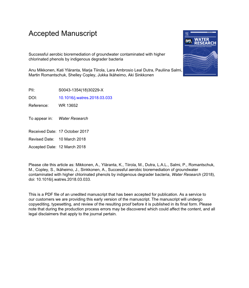 Successful Aerobic Bioremediation of Groundwater Contaminated with Higher Chlorinated Phenols by Indigenous Degrader Bacteria