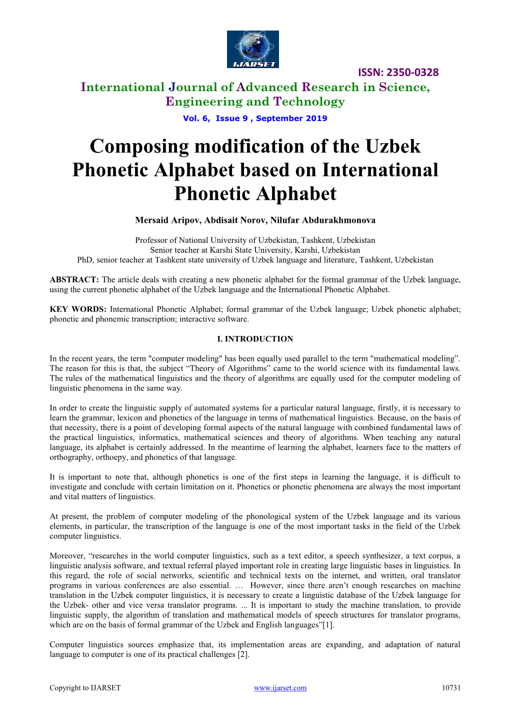 Composing Modification of the Uzbek Phonetic Alphabet Based on International Phonetic Alphabet