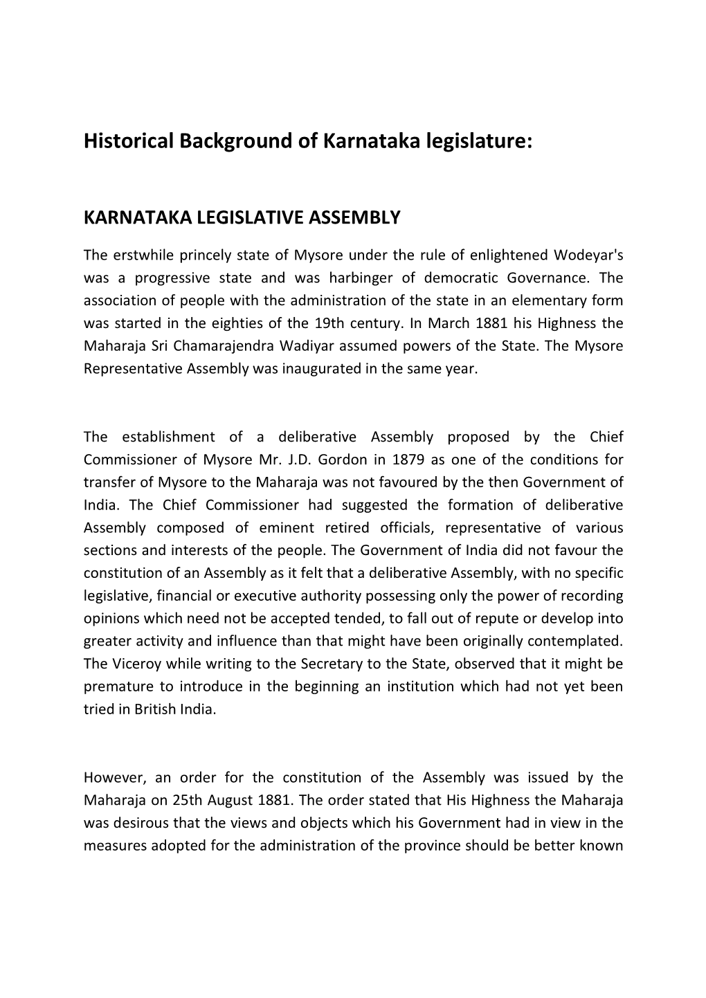 Historical Background of Karnataka Legislature