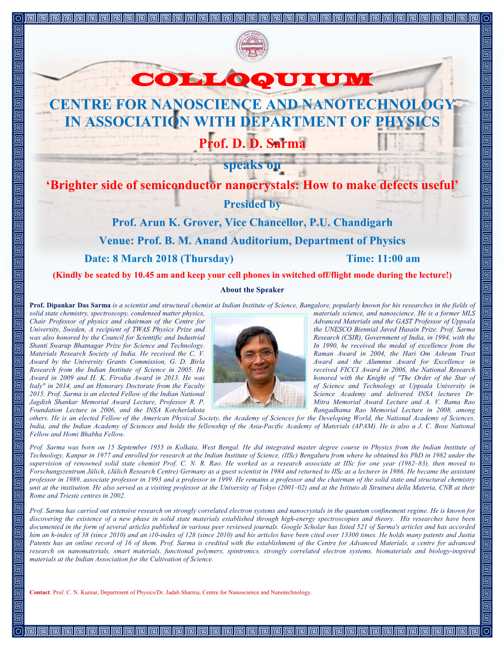 COLLOQUIUM CENTRE for NANOSCIENCE and NANOTECHNOLOGY in ASSOCIATION with DEPARTMENT of PHYSICS Prof