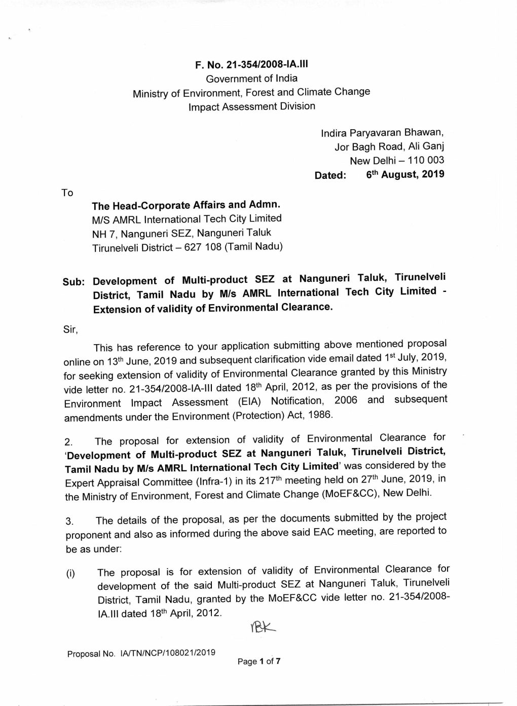 F. No. 21-354/2008-IA.III Government of India Ministry of Environment, Forest and Climate Change Impact Assessment Division