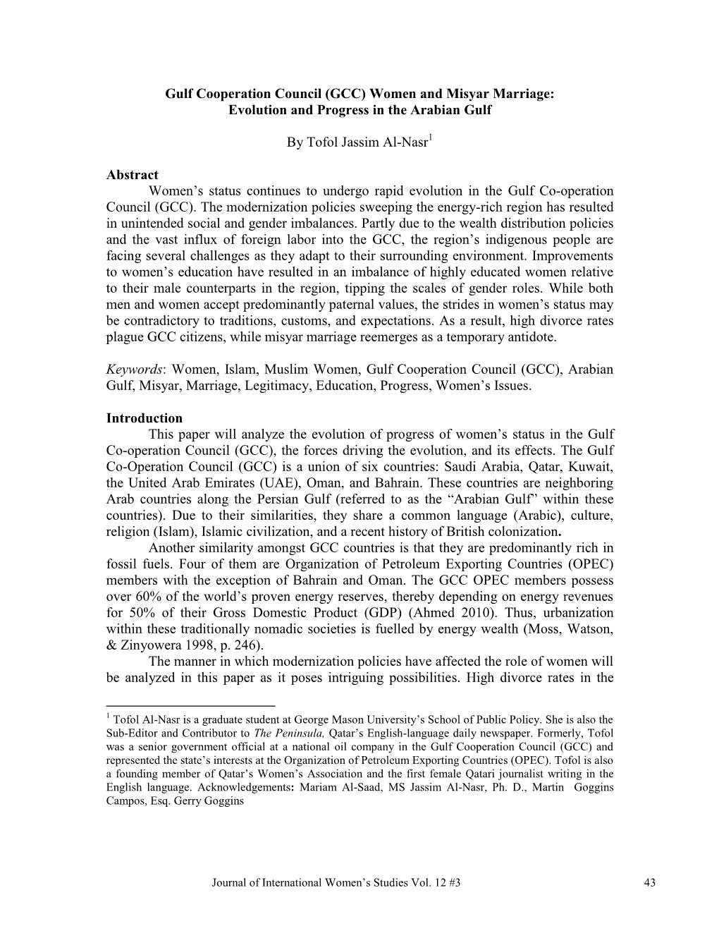 Gulf Cooperation Council (GCC) Women and Misyar Marriage: Evolution and Progress in the Arabian Gulf