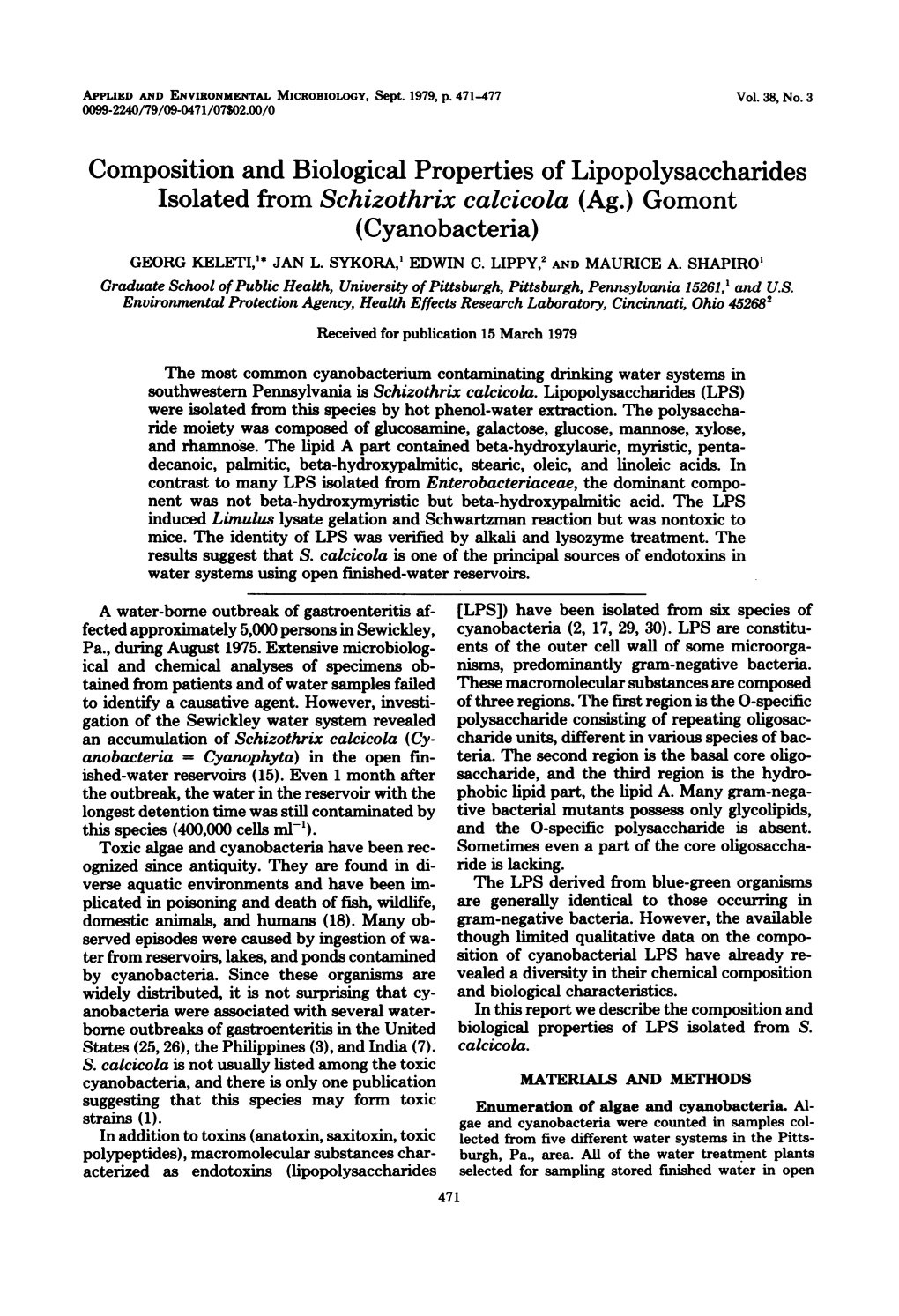 Composition and Biological Properties of Lipopolysaccharides Isolated from Schizothrix Calcicola (Ag.) Gomont (Cyanobacteria) GEORG KELETI,'* JAN L