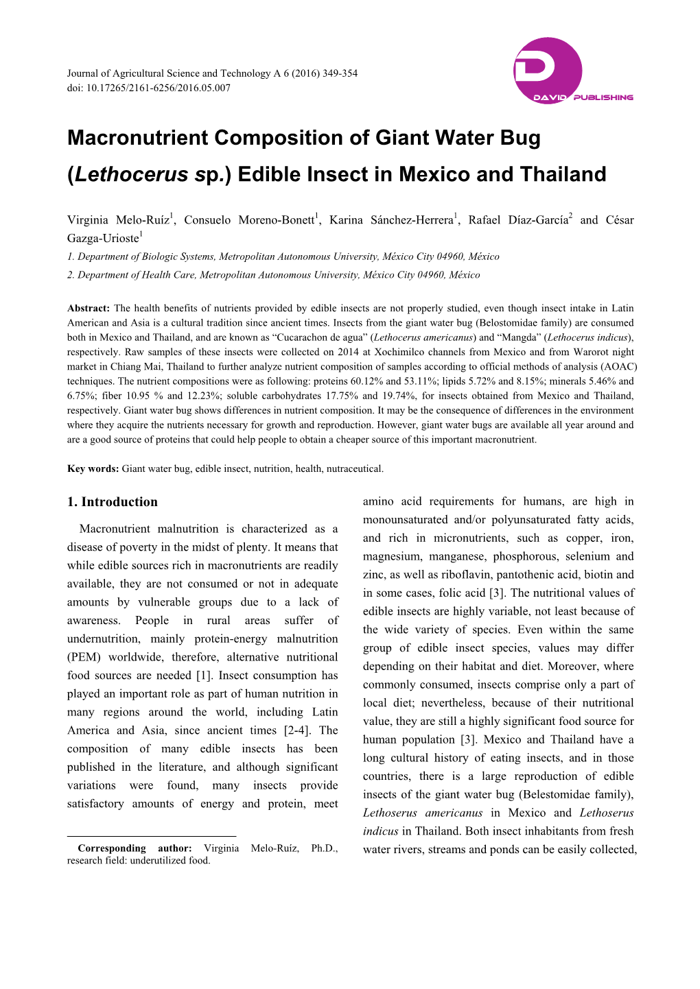 Macronutrient Composition of Giant Water Bug (Lethocerus Sp.) Edible Insect in Mexico and Thailand