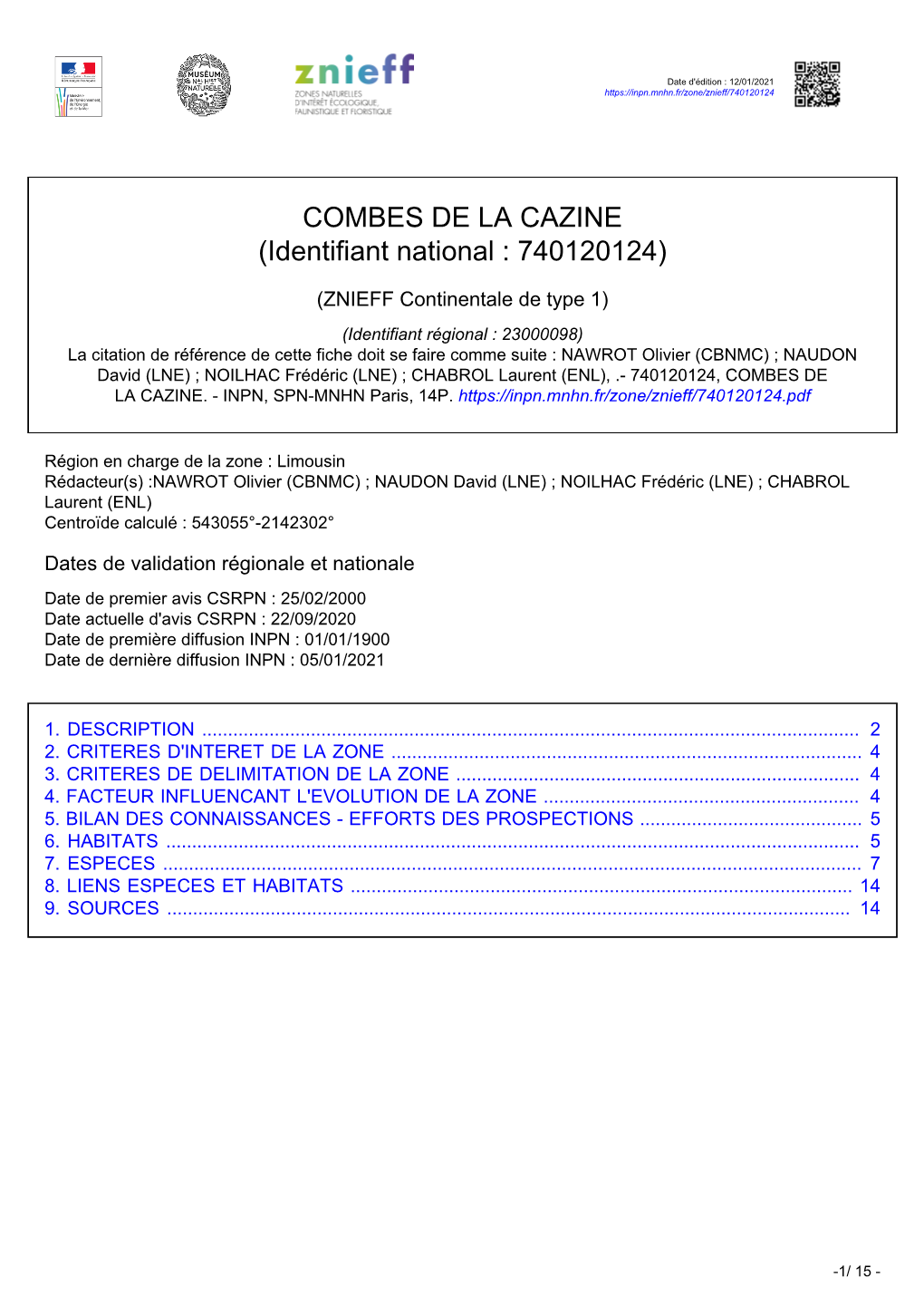 COMBES DE LA CAZINE (Identifiant National : 740120124)