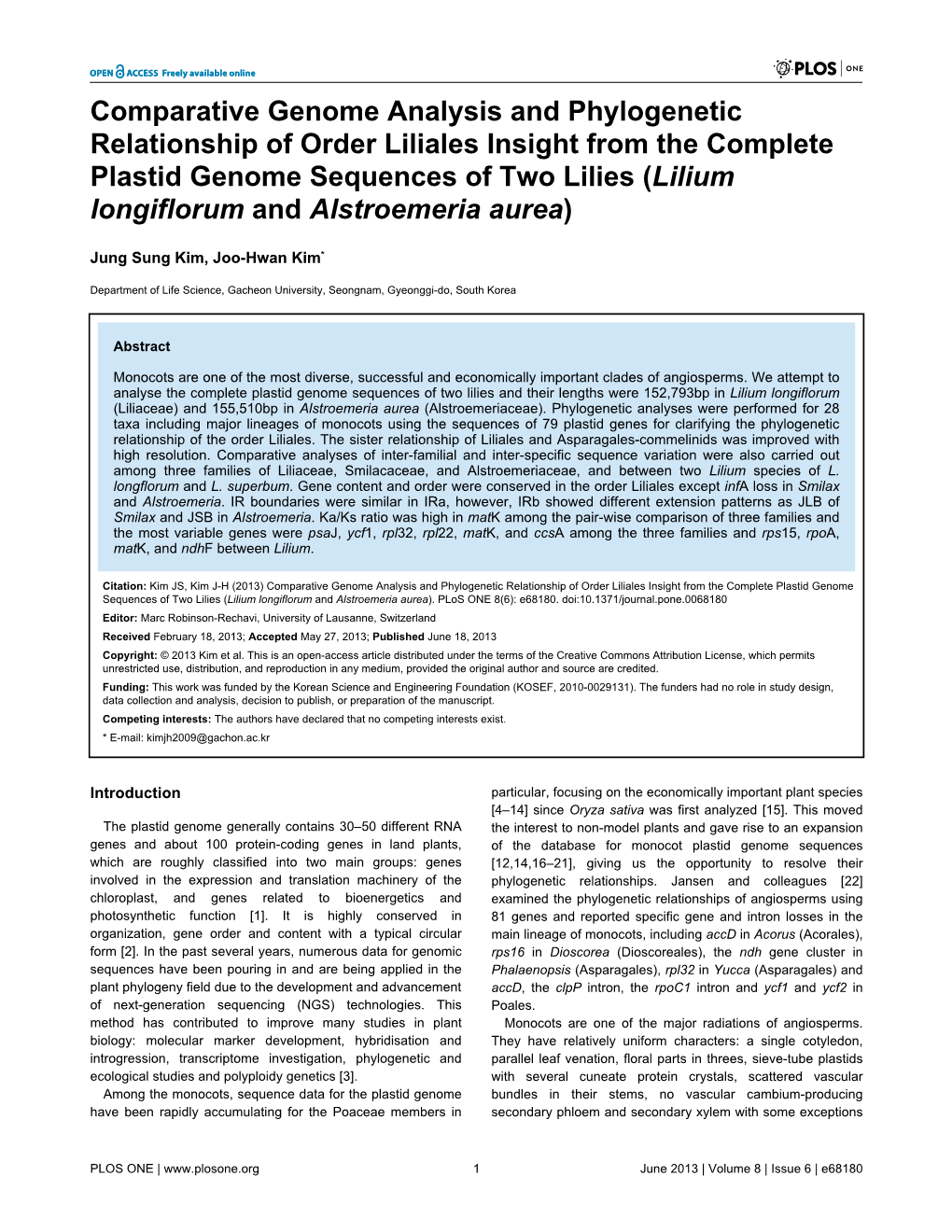 Kim J(2013) Comparative Genome Analysis and Phylogenetic